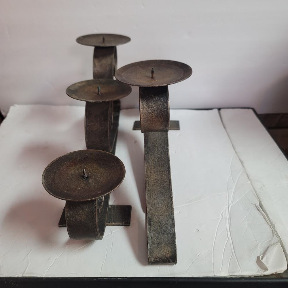 Pair MCM Large Wrought Iron 3 Candle Holder 17" x 9" Heavy Bruitalist Style - Picture 4 of 8